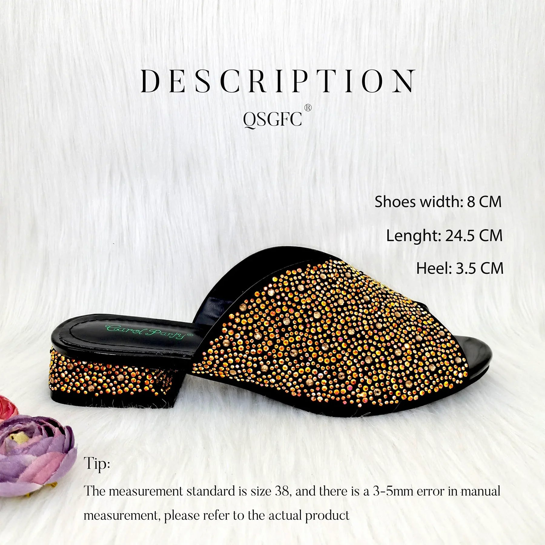 Chic QSGFC high heel sandals paired with a matching bag, showcasing exquisite gold crystal embellishments.