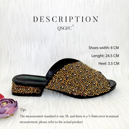 Chic QSGFC high heel sandals paired with a matching bag, showcasing exquisite gold crystal embellishments.