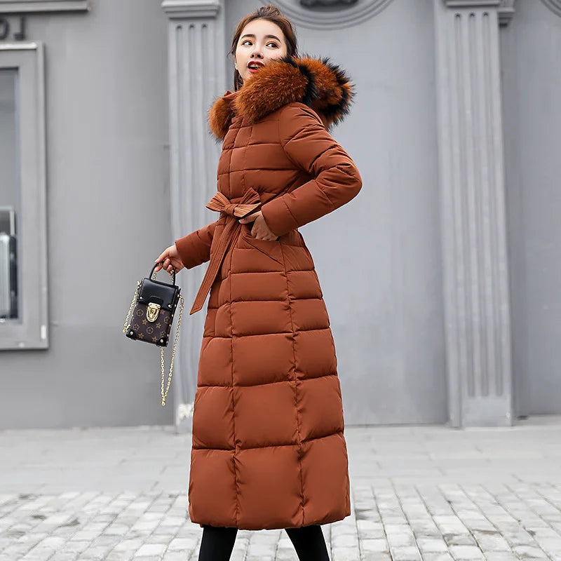 Beautiful women's winter parka jacket, offering supreme warmth and style with its thick padding and elegant design.