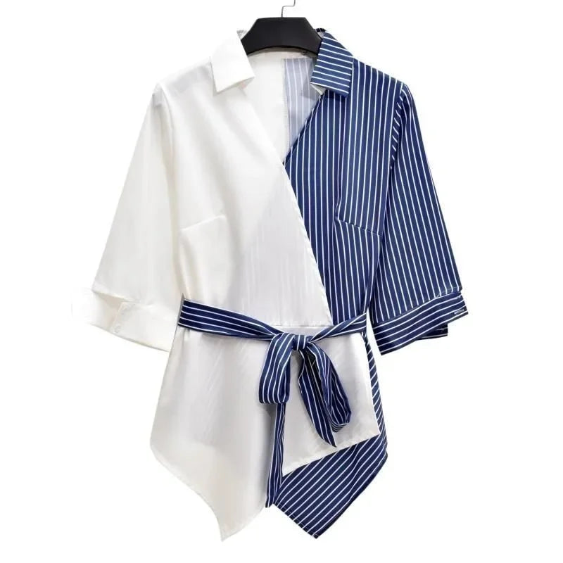 Model showcasing the flattering fit of a luxury women's plus size summer two-piece set, comprising a chic shirt and tailored trousers for a stylish ensemble.