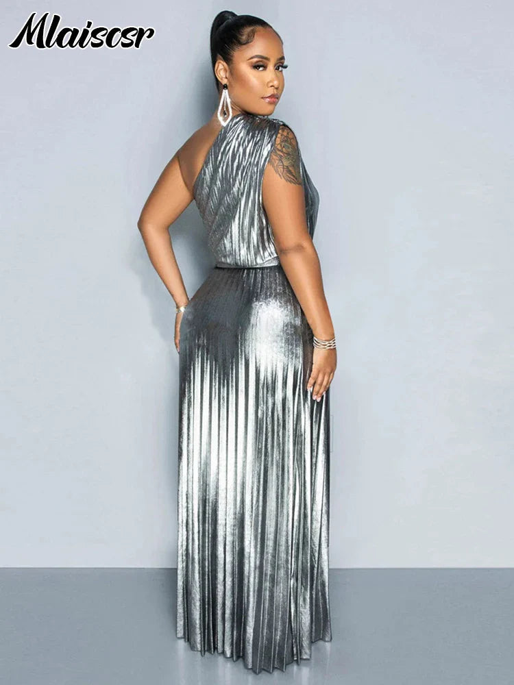 Luxury Metallic Gold Long Evening Dress for Women, featuring a glamorous one-shoulder design and stylish sleeveless cut, ideal for upscale events.