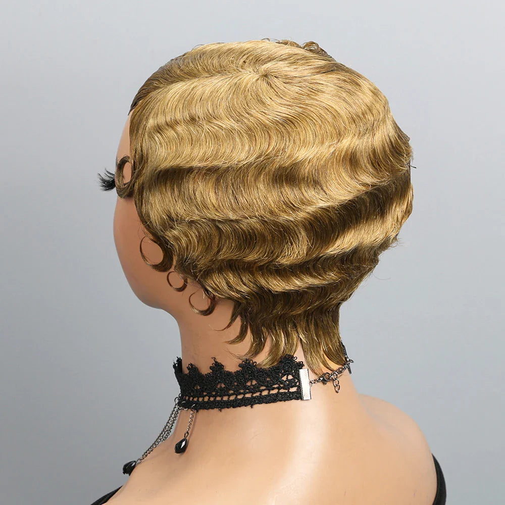 Side view of a luxurious finger wave pixie wig, highlighting the impeccable craftsmanship and natural flow of Brazilian Remy human hair, perfect for stylish short hairstyles.