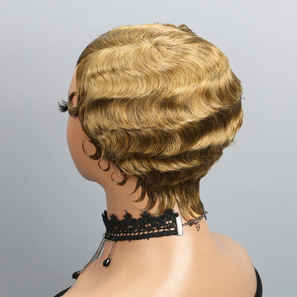 Side view of a luxurious finger wave pixie wig, highlighting the impeccable craftsmanship and natural flow of Brazilian Remy human hair, perfect for stylish short hairstyles.
