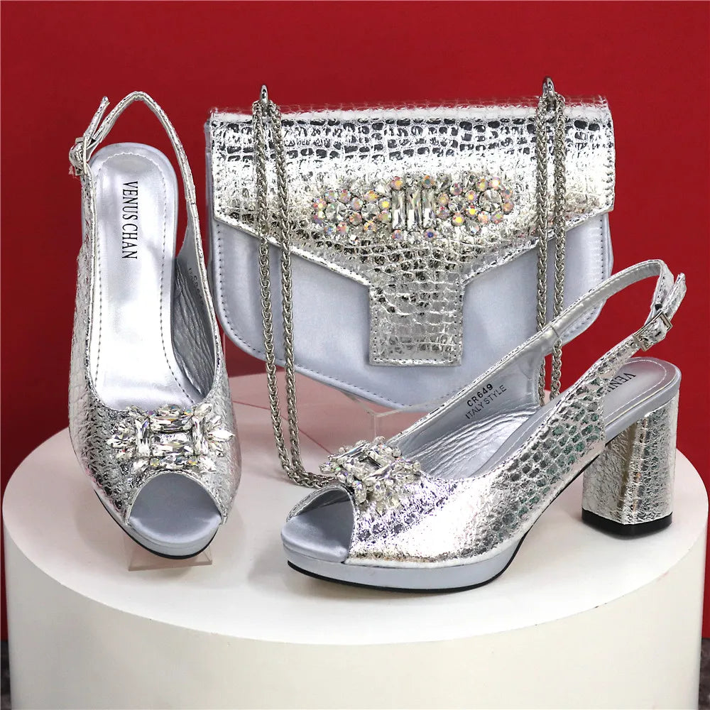 Elegant Women's Open Toe Heels in Coffee Gold with Rhinestone Detailing - Perfect for Party and Wedding Occasions.