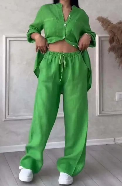 Stylish Women's 2 Piece Set showcasing a sophisticated pullover pocket shirt and relaxed wide leg trousers, crafted from high-quality polyester for a luxurious feel.