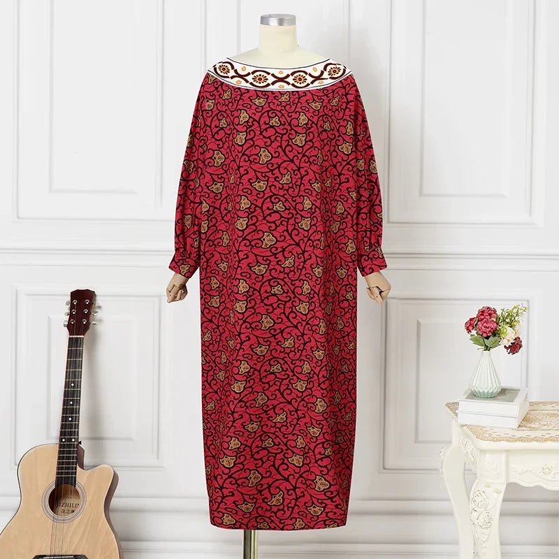Graceful presentation of the bohemian-inspired ankle-length dress, perfect for women seeking comfort and style, featuring a loose silhouette and beautiful sleeve design.