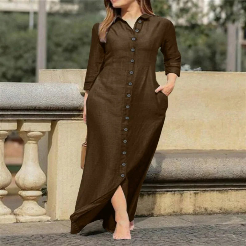 Elegant loose-fit long sleeve v-neck cardigan dress in solid polyester, ankle-length for women, embodying luxurious streetwear style.