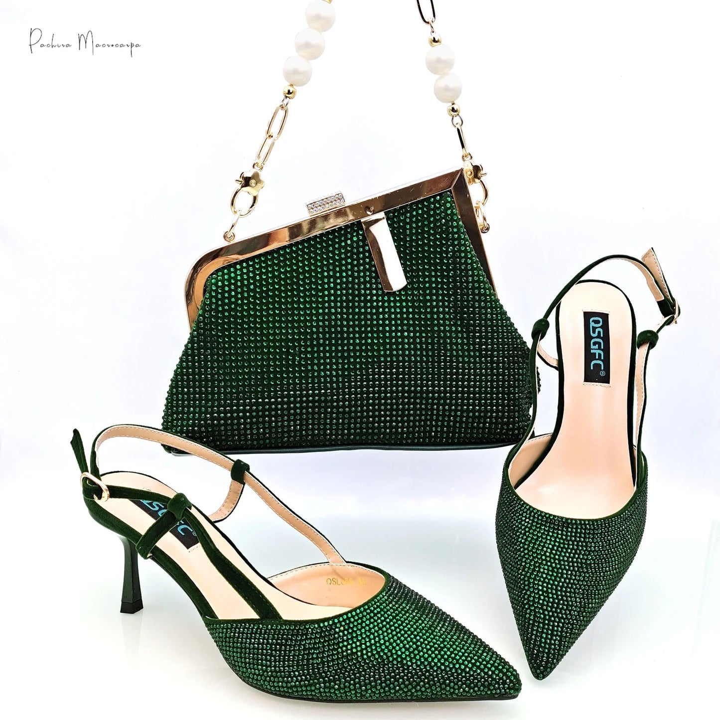 Fashionable women’s shoulder bag in rich green, adorned with crystals, essential for adding glamour to any party outfit.