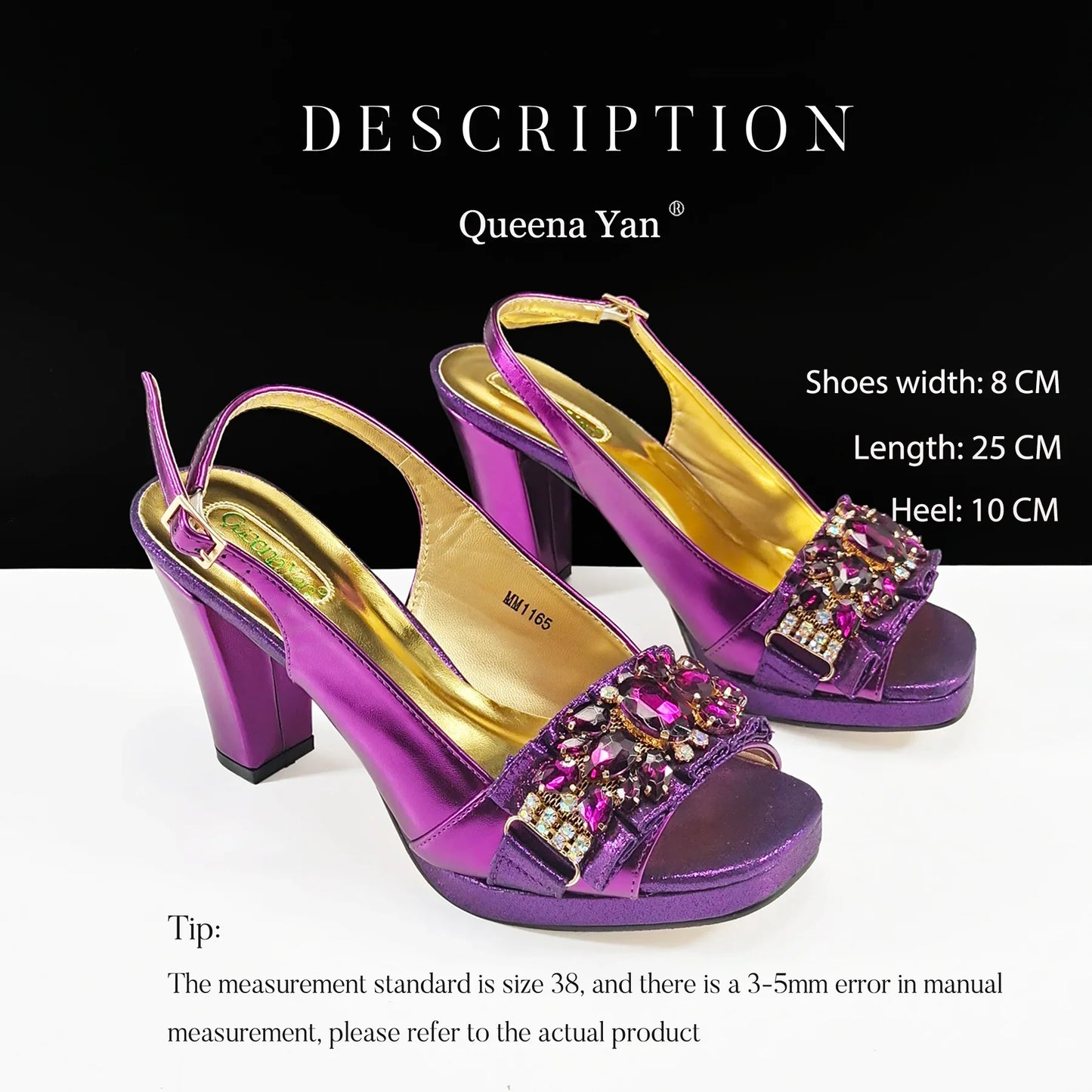 Close-up view of the shimmering rhinestone details on Queena Yan Elegant Gold High Heels, showcasing the craftsmanship and opulence suitable for upscale events.