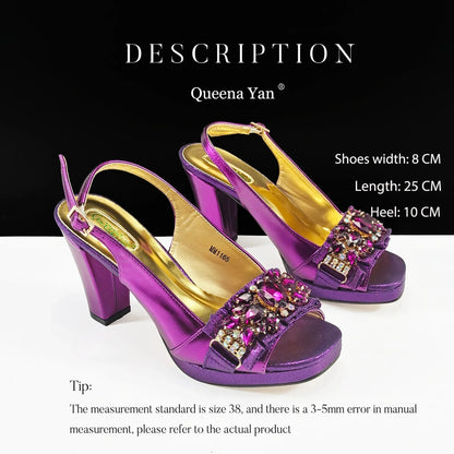 Close-up view of the shimmering rhinestone details on Queena Yan Elegant Gold High Heels, showcasing the craftsmanship and opulence suitable for upscale events.