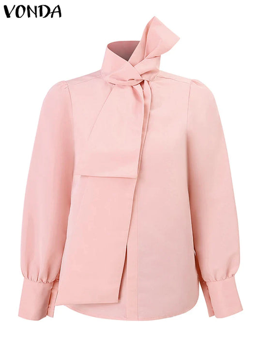 Stylish Plus Size 5XL VONDA top showcasing a chic solid colour design with bowknot decoration. Perfectly tailored for middle-aged women, this blouse combines elegance and ease, suitable for all seasons.
