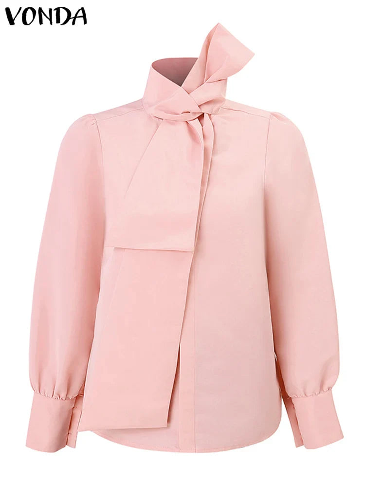 Stylish Plus Size 5XL VONDA top showcasing a chic solid colour design with bowknot decoration. Perfectly tailored for middle-aged women, this blouse combines elegance and ease, suitable for all seasons.
