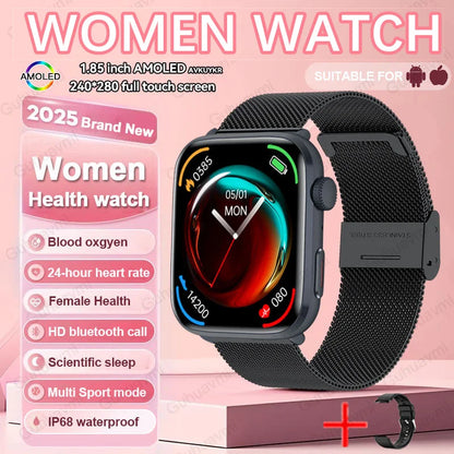 Lifestyle image of a fashionable woman wearing the AI diagnosis smartwatch, illustrating its multifunctionality and appeal for health-conscious individuals.