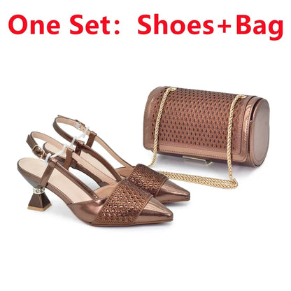 Elegant women's Italian high heel slingback shoe and matching bag set adorned with rhinestones, available in luxury colours like gold, purple, coffee, silver, and black, suitable for formal occasions including parties and weddings.