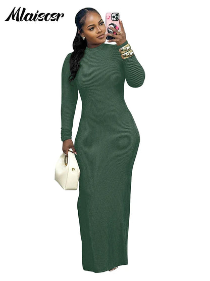 Mlaiscsr Women's Knit Ribbed Dress displayed on an elegant model, demonstrating its figure-enhancing design and rich textural appeal, perfect for stylish parties and evening events.