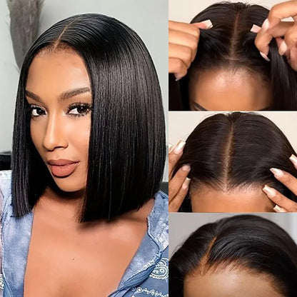 Luxurious human hair bob wig designed for black women, showcasing glueless pre-plucked texture with straight Brazilian hair, available in 4-16 inches length, featuring a quality Swiss lace base for comfortable wear.