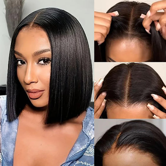 Luxurious human hair bob wig designed for black women, showcasing glueless pre-plucked texture with straight Brazilian hair, available in 4-16 inches length, featuring a quality Swiss lace base for comfortable wear.