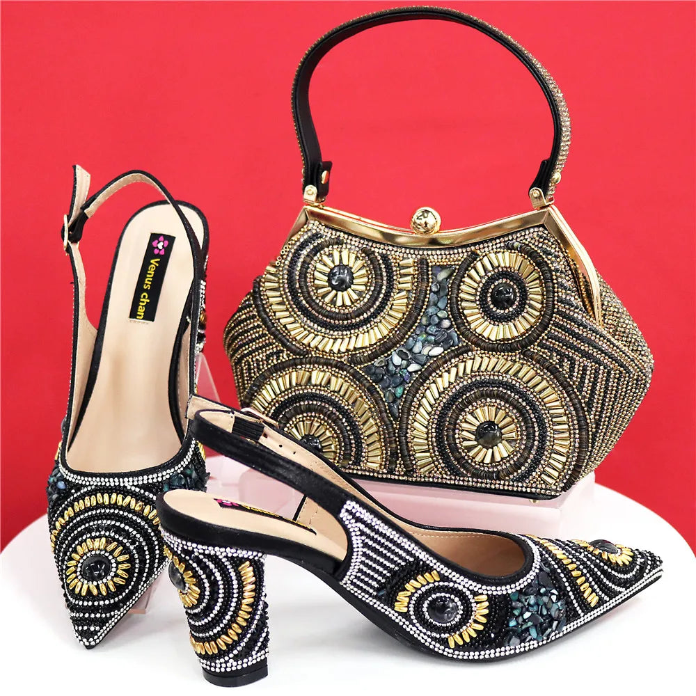 Elegant Women's Pointed Toe Pumps in Black with Crystal Accents and a Matching Handbag Set, Perfect for Parties and Special Occasions.