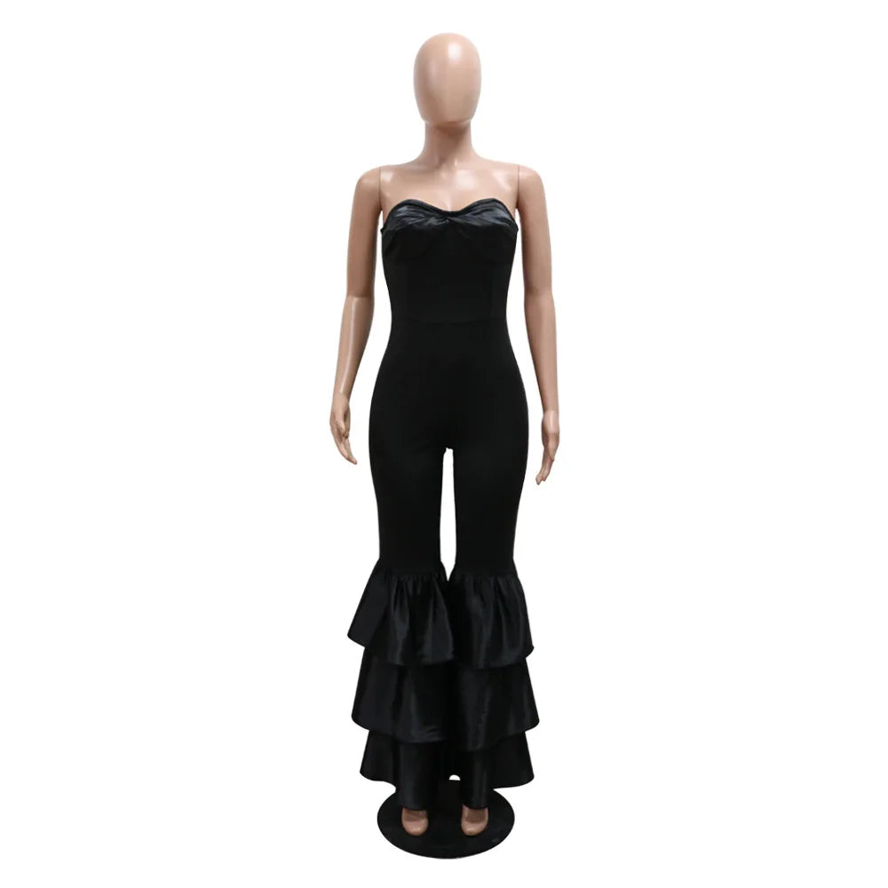Luxurious elegant strapless sleeveless jumpsuit for women featuring a slim fit long pant and exquisite ruffled patchwork design, perfect for sophisticated occasions.