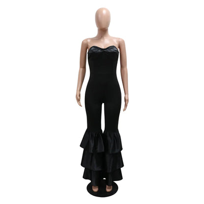 Luxurious elegant strapless sleeveless jumpsuit for women featuring a slim fit long pant and exquisite ruffled patchwork design, perfect for sophisticated occasions.