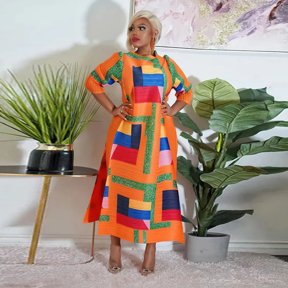 Back view of the African Plus Size O-Neck Dress with elegant pleating, showcasing its elegant design and premium craftsmanship.