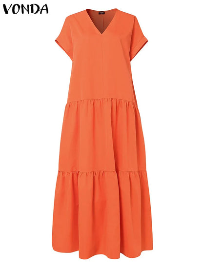 Luxurious floor-length plus size sundress perfect for summer, featuring a flattering V-neckline and comfortable fit for al fresco occasions.