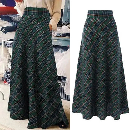 Elegant A-Line high waist plaid maxi skirt for women, showcasing luxury fashion for autumn and winter.