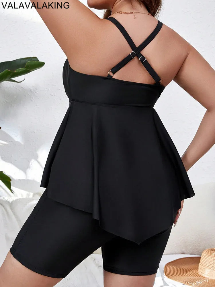 Elegant Valavalaki Plus Size Tankini Set designed for women, featuring a chic push-up top and flattering high-waist bottoms for luxurious swimwear style.