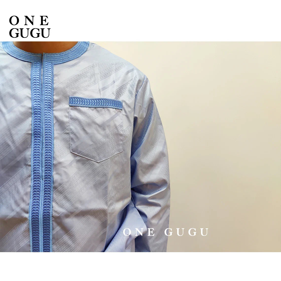 Premium waterproof African 2-piece men's set featuring a luxurious blue cotton shirt and matching pants with intricate Nigerian Dashiki design, sizes L-2XL.