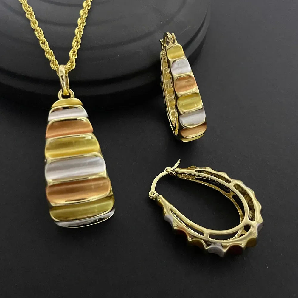Luxurious 24K gold-plated geometric necklace and earrings jewelry set for women, showcasing elegant design and craftsmanship.