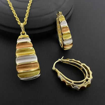 Luxurious 24K gold-plated geometric necklace and earrings jewelry set for women, showcasing elegant design and craftsmanship.