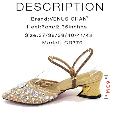 Venus Chan elegant black lace high heels with pointed toe design, featuring a comfortable strap, perfect for formal events and parties.