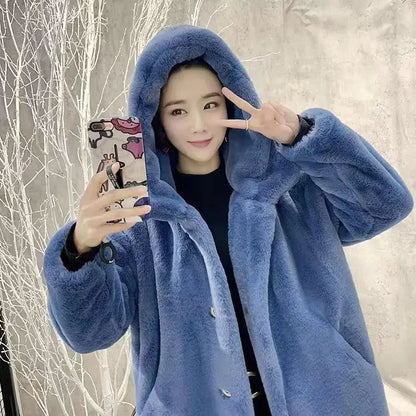 Luxury women's faux fur maxi coat in elegant V-neck style, designed for autumn and winter sophistication.