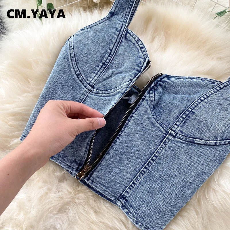 Chic close-up of the CM.YAYA denim crop top from the two-piece set, designed for middle-aged women who value style and sophistication.