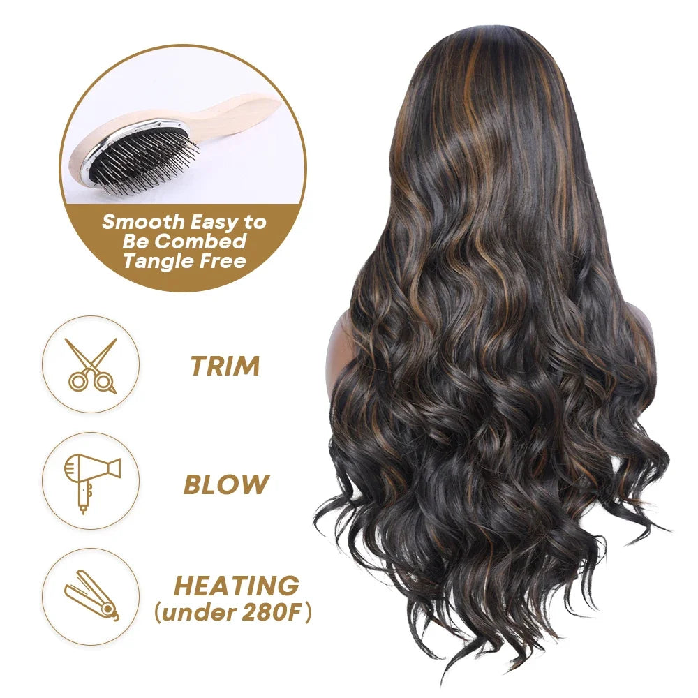 Close-up of the elegant honey blonde body wave ombre lace front wig, showcasing its premium texture and quality high temperature fibre.