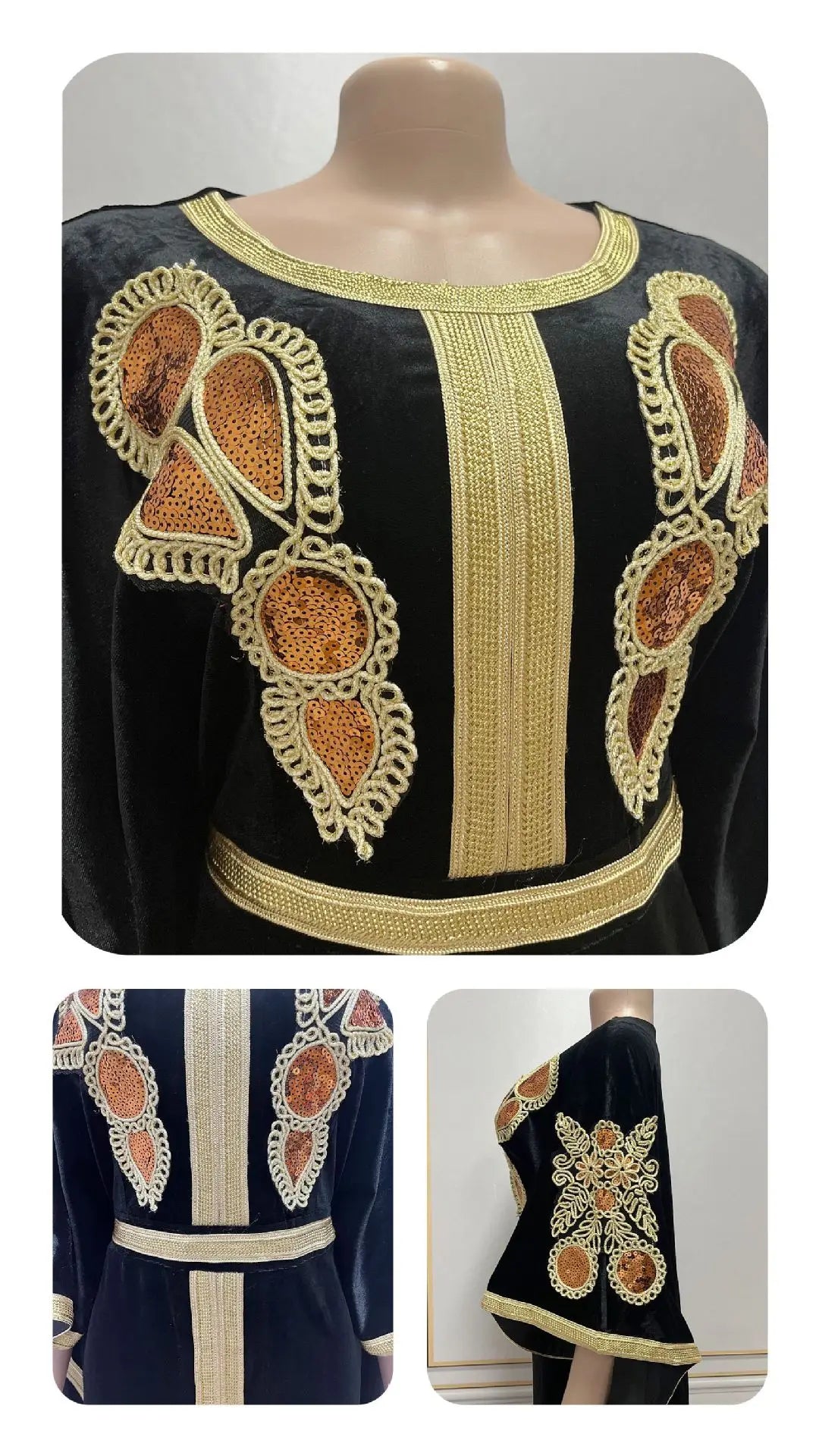 Close-up view of sequins and golden velvet fabric on the luxurious Ramadan dress, showcasing intricate details and craftsmanship.