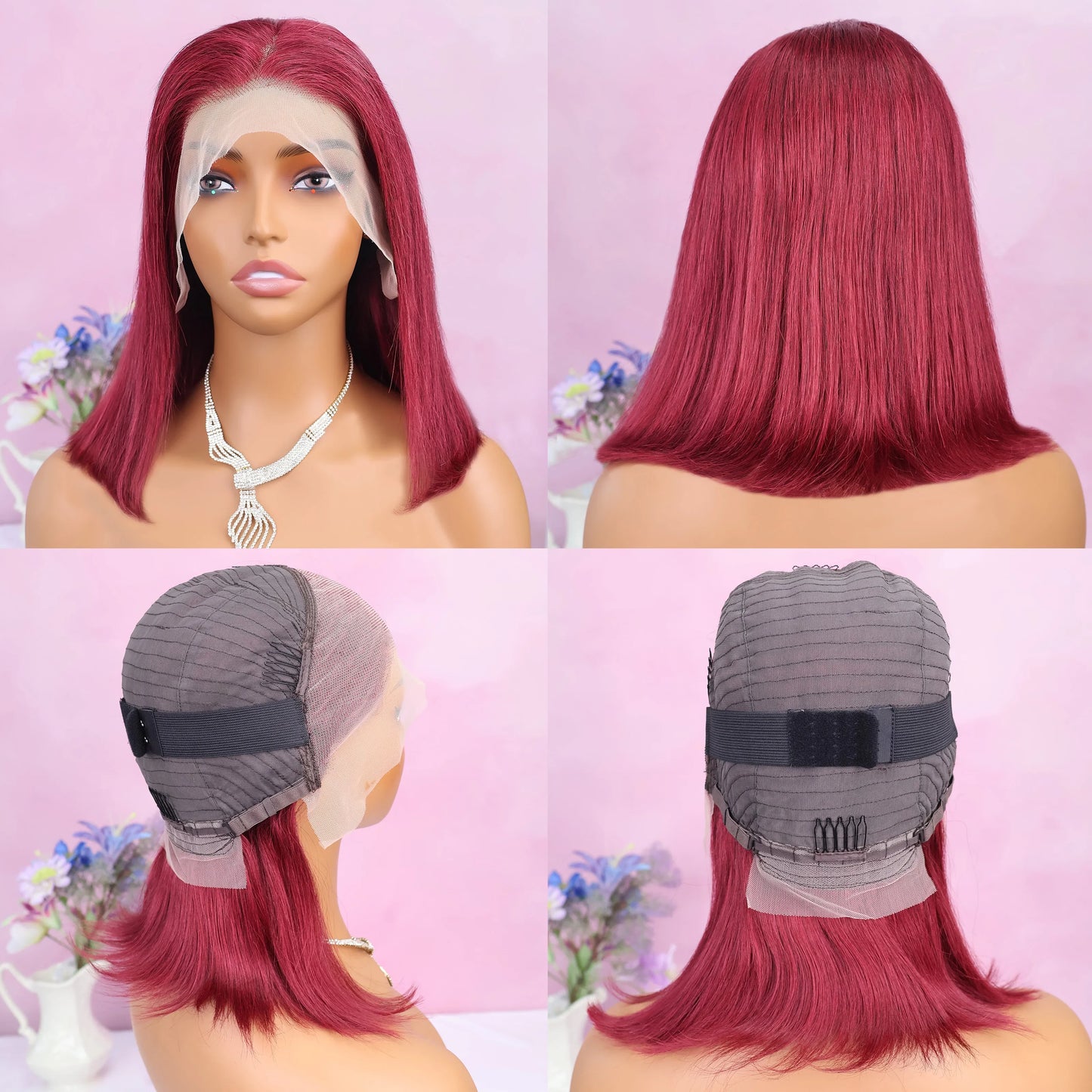 Chic and trendy short straight lace wig in luxurious 99J Burgundy, crafted for a stunning appearance and suitable for darker color dyeing.