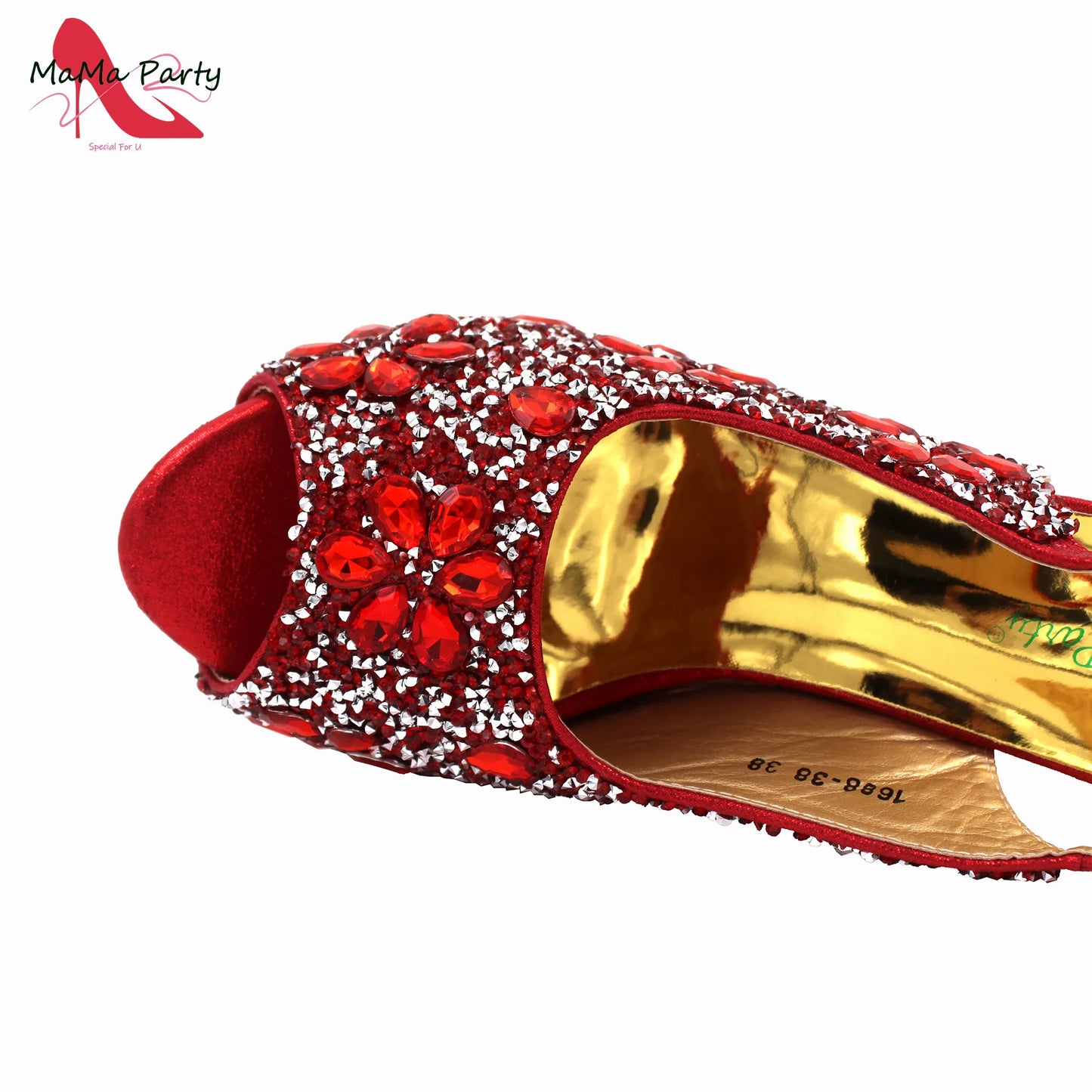 Elegant matching handbag designed for women, featuring exquisite crystal detailing, complements luxury red peep toe sandals.