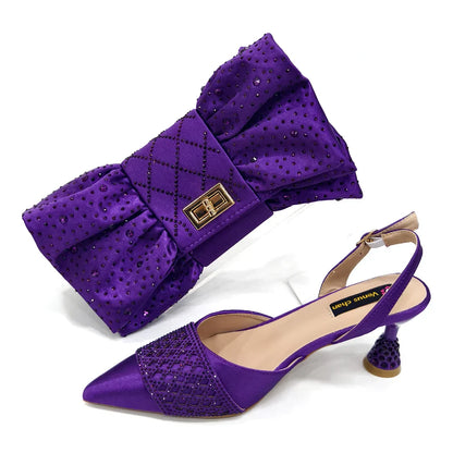 Luxurious two-piece shoe and handbag set for women, featuring elegant high heels and a sophisticated handbag, suitable for weddings and parties.
