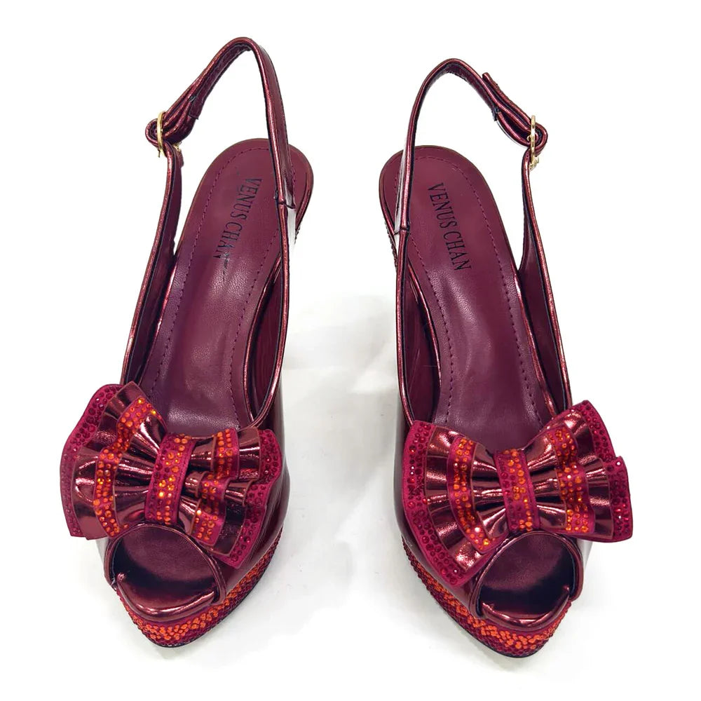 Complete ensemble of Venus Chan open toe diamond pumps and matching bag, epitomising glamour and style for weddings and special occasions.