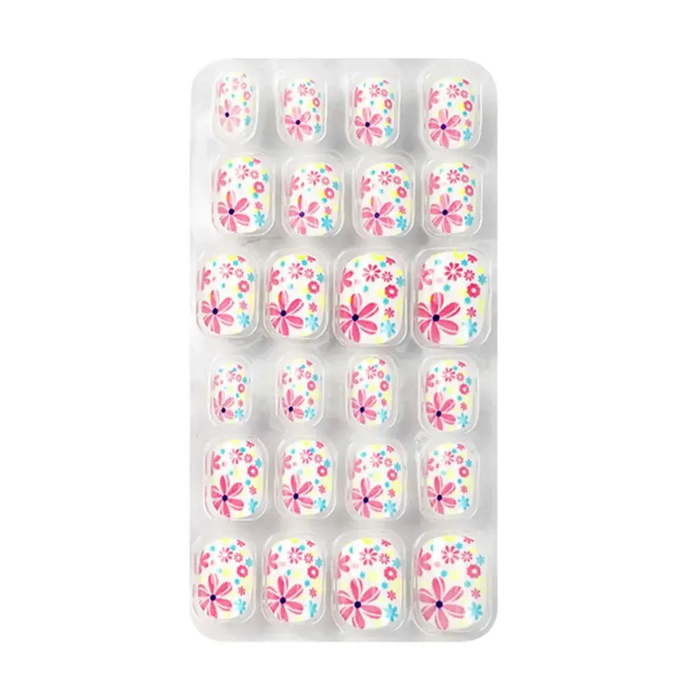Sophisticated set of 24 acrylic press on false nails with whimsical flower designs, designed to delight girls of all ages.