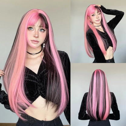 High-quality 26-inch long black and red straight synthetic wig for women, perfect for cosplay and everyday elegance.