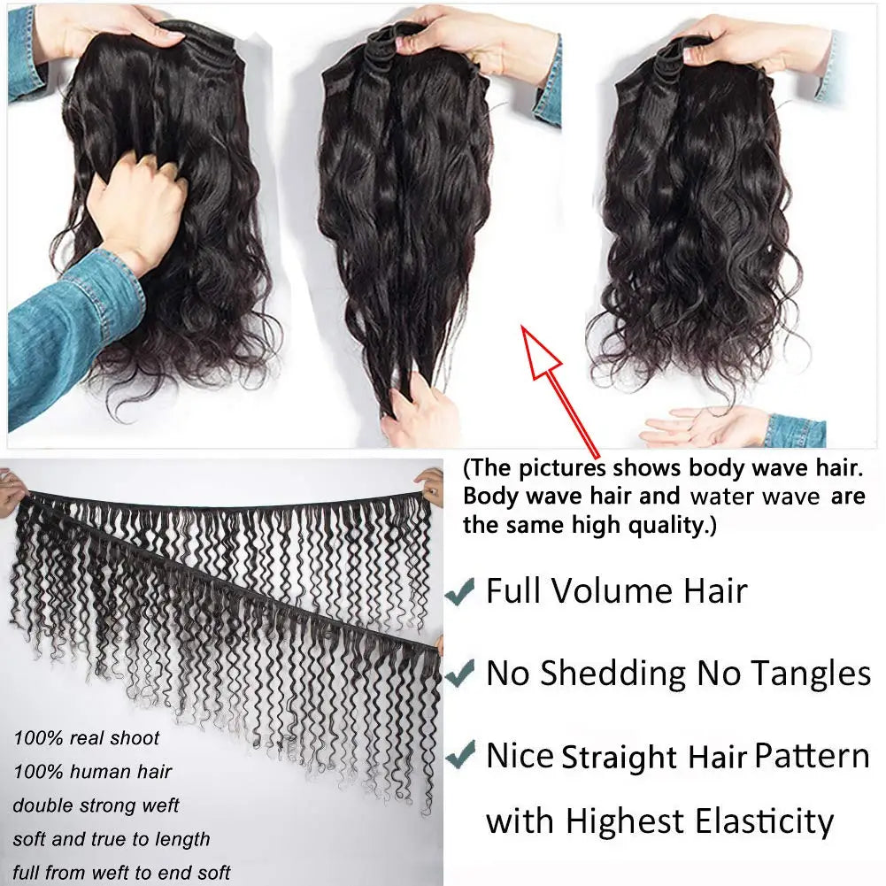 Premium quality Brazilian Hair Bundles in Water Wave texture, 100% human hair that can be permed, ideal for stylish looks.