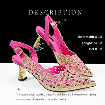 Stylish ensemble showcasing QSGFC fuchsia women's heel pumps paired with an elegant matching handbag, perfect for special events including wedding ceremonies and upscale parties.