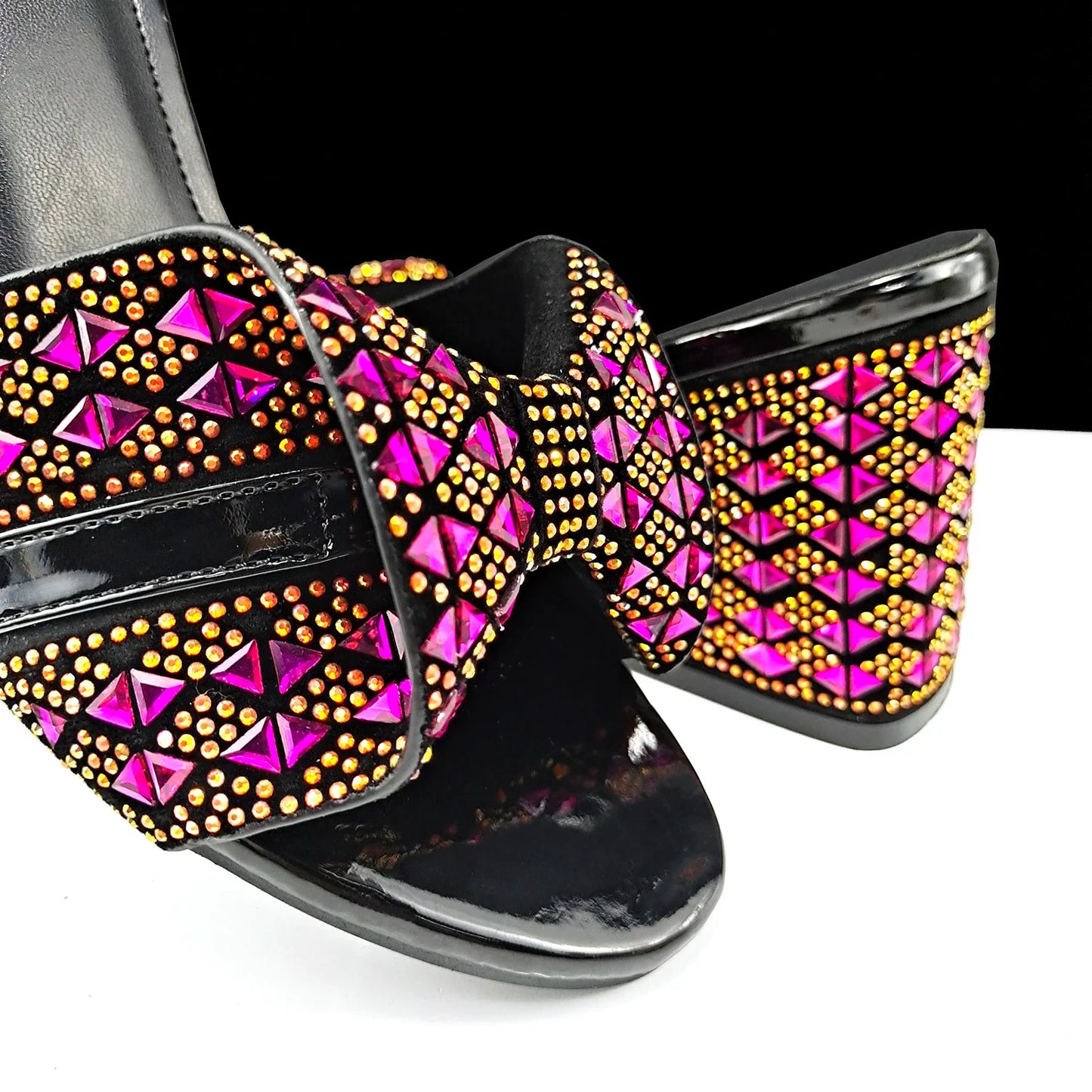 Elegant QSGFC luxury fuchsia Italian high heels for women featuring a peep toe design and sparkling rhinestone embellishments.