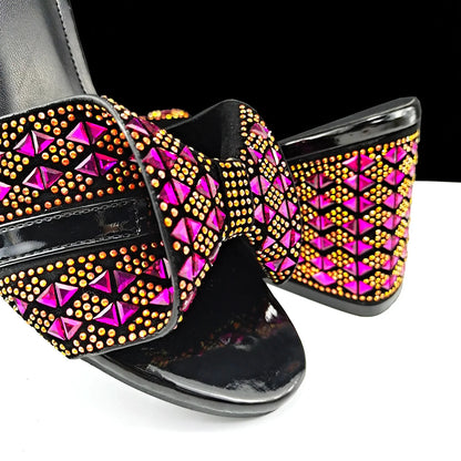 Elegant QSGFC luxury fuchsia Italian high heels for women featuring a peep toe design and sparkling rhinestone embellishments.