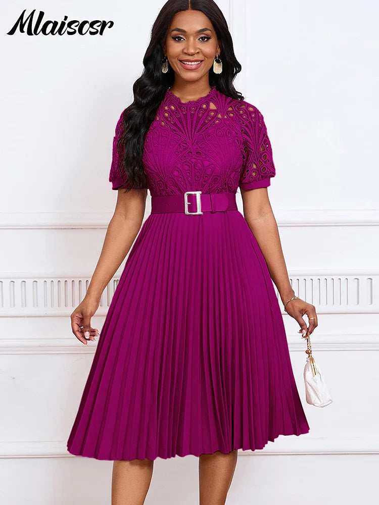 Elegant display of Mlaiscsr Luxury Pleated Dress in solid colour, perfect for sophisticated office attire or evening events, styled with grace.