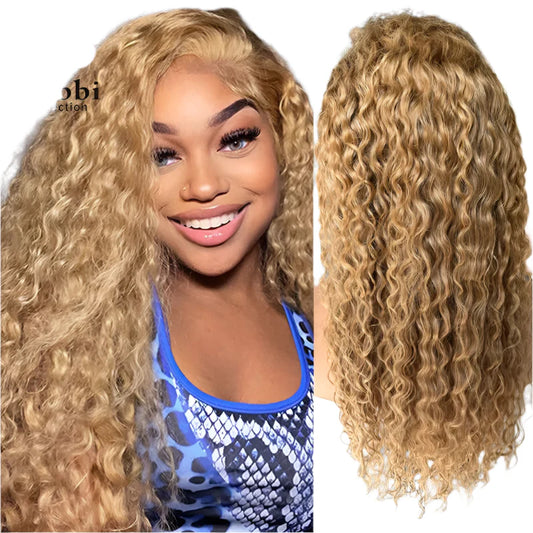 Luxurious Honey Blonde Water Wave 4x4 Lace Front Wig crafted from 100% Indian Human Hair, featuring pre-plucked transparent lace for a natural look.