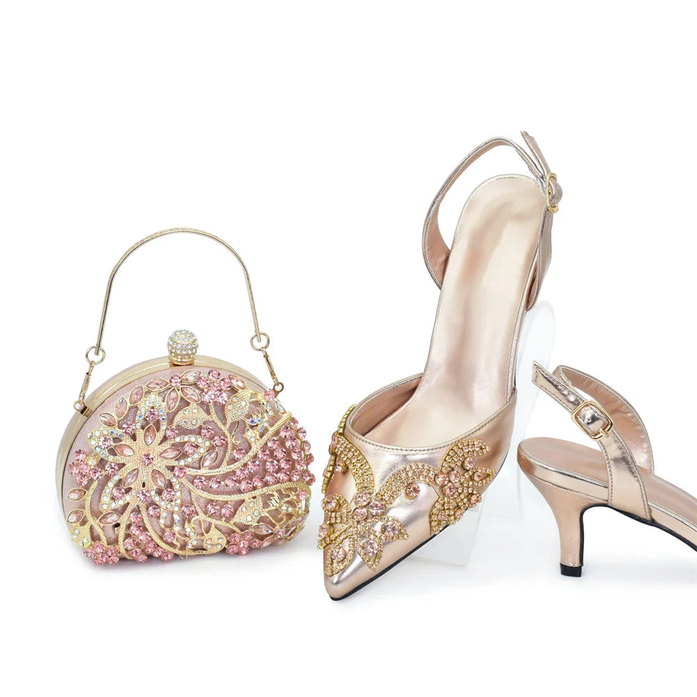 Luxurious silver high heel shoes and complementary handbag, exuding refinement and style, perfect for evening parties and weddings, available in multiple sizes.