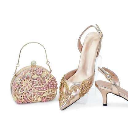 Luxurious silver high heel shoes and complementary handbag, exuding refinement and style, perfect for evening parties and weddings, available in multiple sizes.
